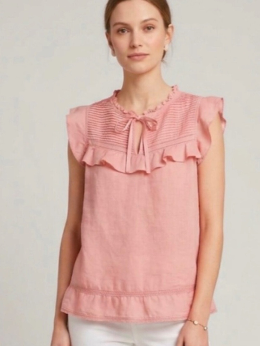 Banana Republic Peach Cotton Blend Pintuck Ruffle Sleeveless Blouse, Sz m